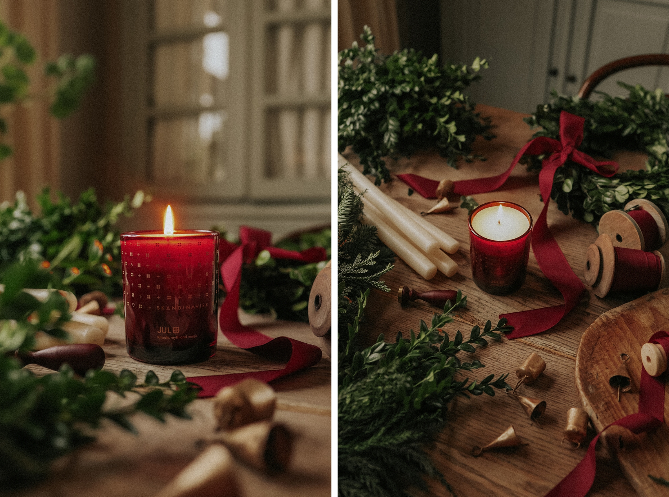 JUL Christmas scented candle on wooden table with Scandinavian Christmas decorations